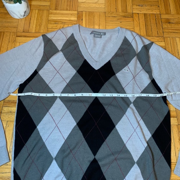 LACOSTE ARGYLE GREY AND BLACK V NECK SWEATER - Picture 7 of 8